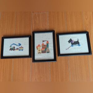 Set of Three Framed Embroidered Art Pieces For Kid's Room